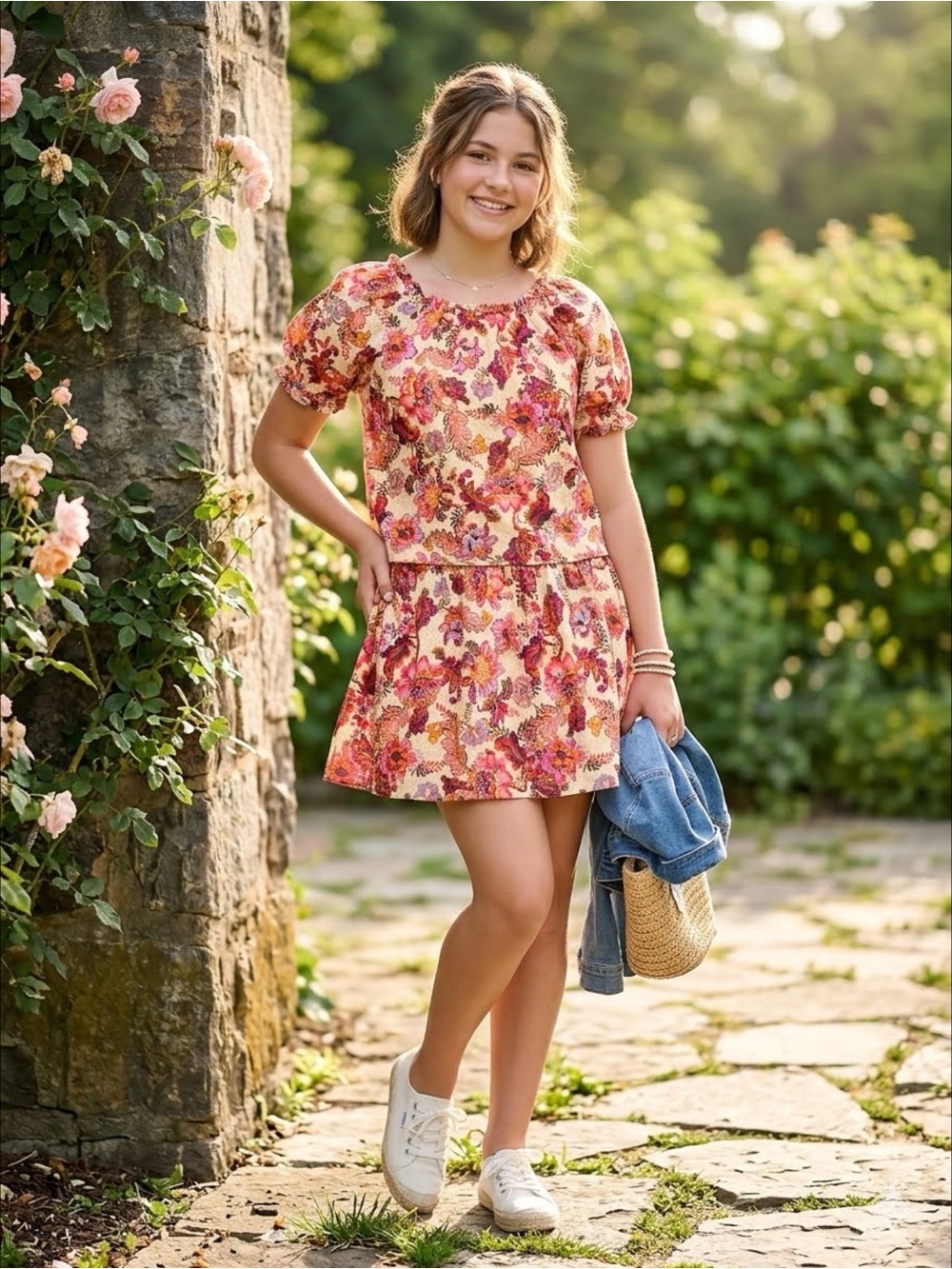 A Loves A Girls' Boho Floral Sunset Puff-Sleeve Cottagecore Skirt Set Size XL